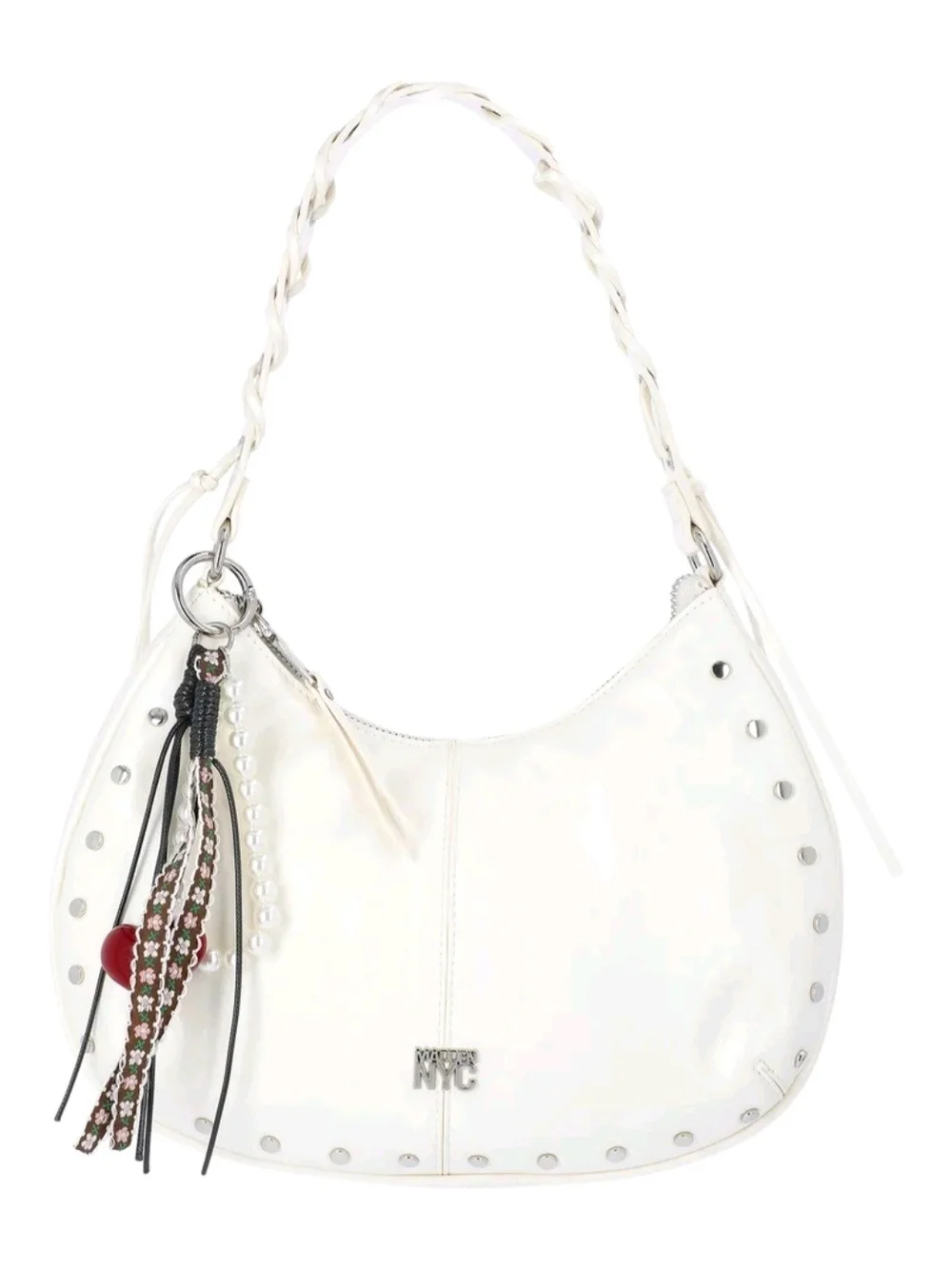 Madden NYC White Studded Shoulder Hobo with Tassel Charm
